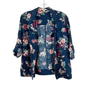Maurices Lightweight Button Up Jacket Blue/Multi Floral 3/4 Roll Tab Sleeve S